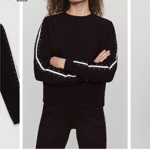 Maje Black Sweatshirt with White Striped Studded Sleeve Detail